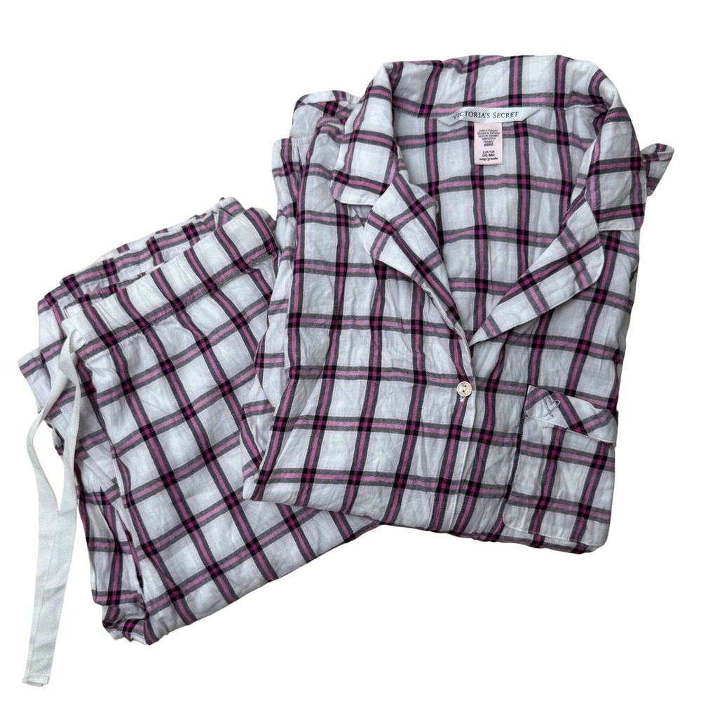 Victoria Secret Pajama Set‎ Womens S Long Pink Plaid Button Up Lounge Sleepwear